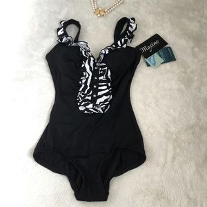Maxine of Hollywood Instant minimizer Black one piece Swimsuit with Ruffles